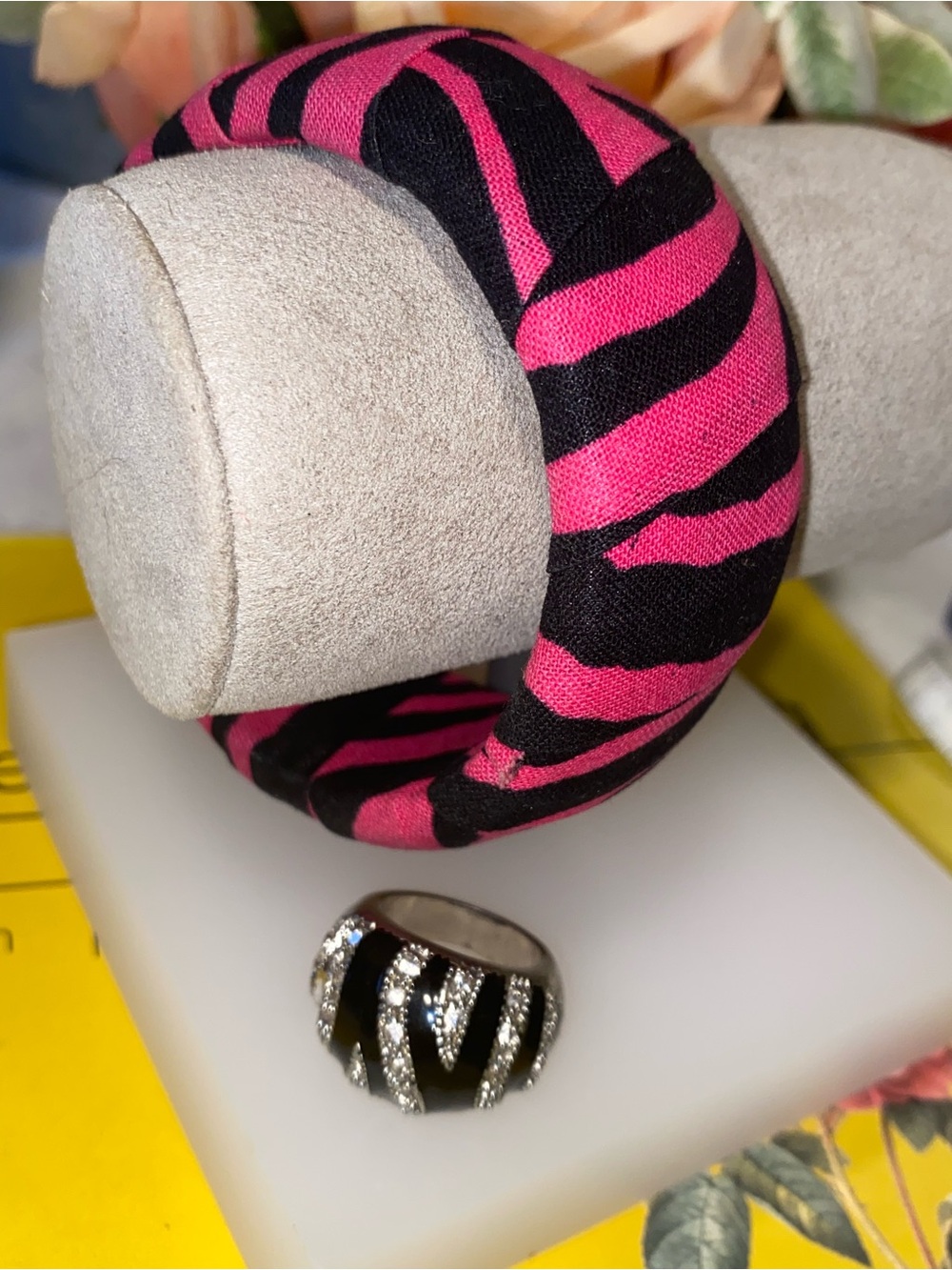 Black and Silver Crystal Statement Ring & Hot Pink Zebra Print Bangle